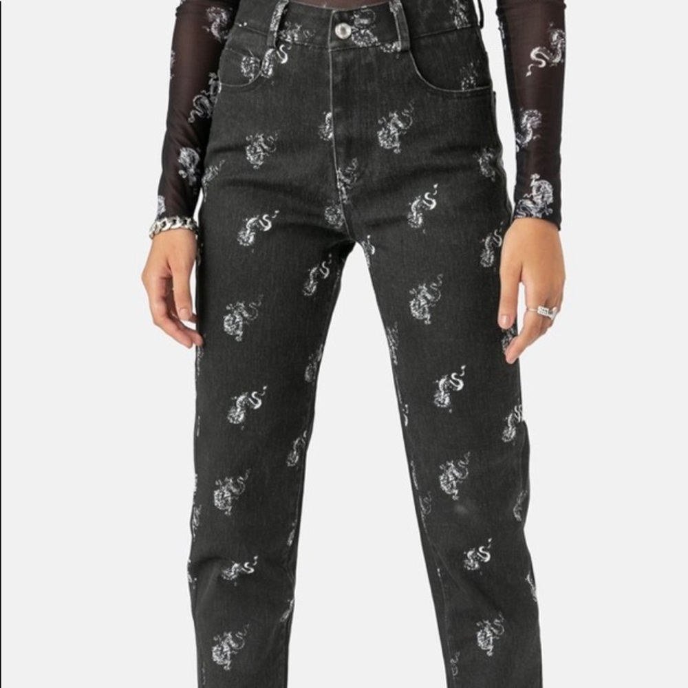 Dragon Print Black Denim Jeans